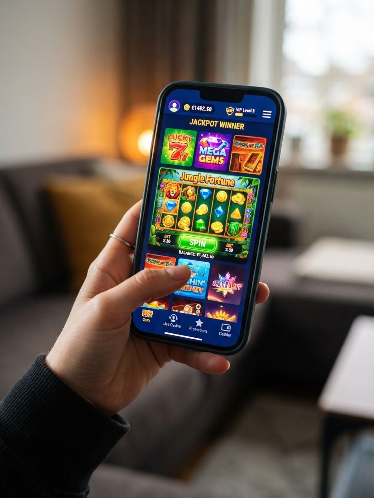 Smartphone affichant une application de casino mobile