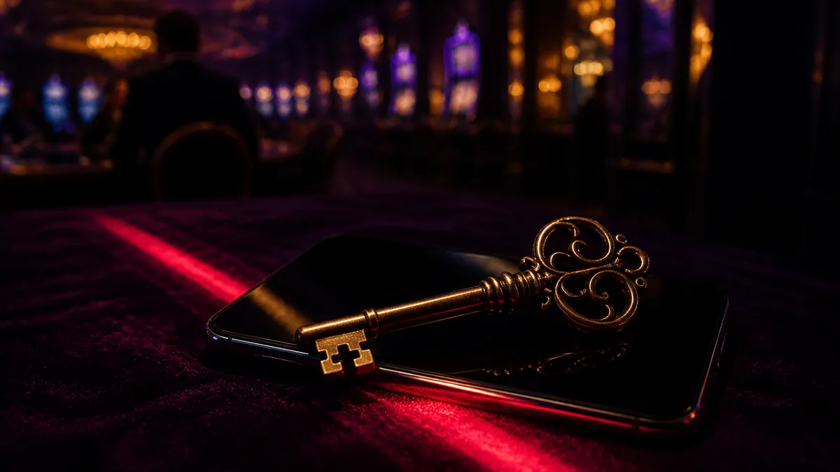 Clé ancienne posée sur un smartphone, sur un tapis violet éclairé de rouge