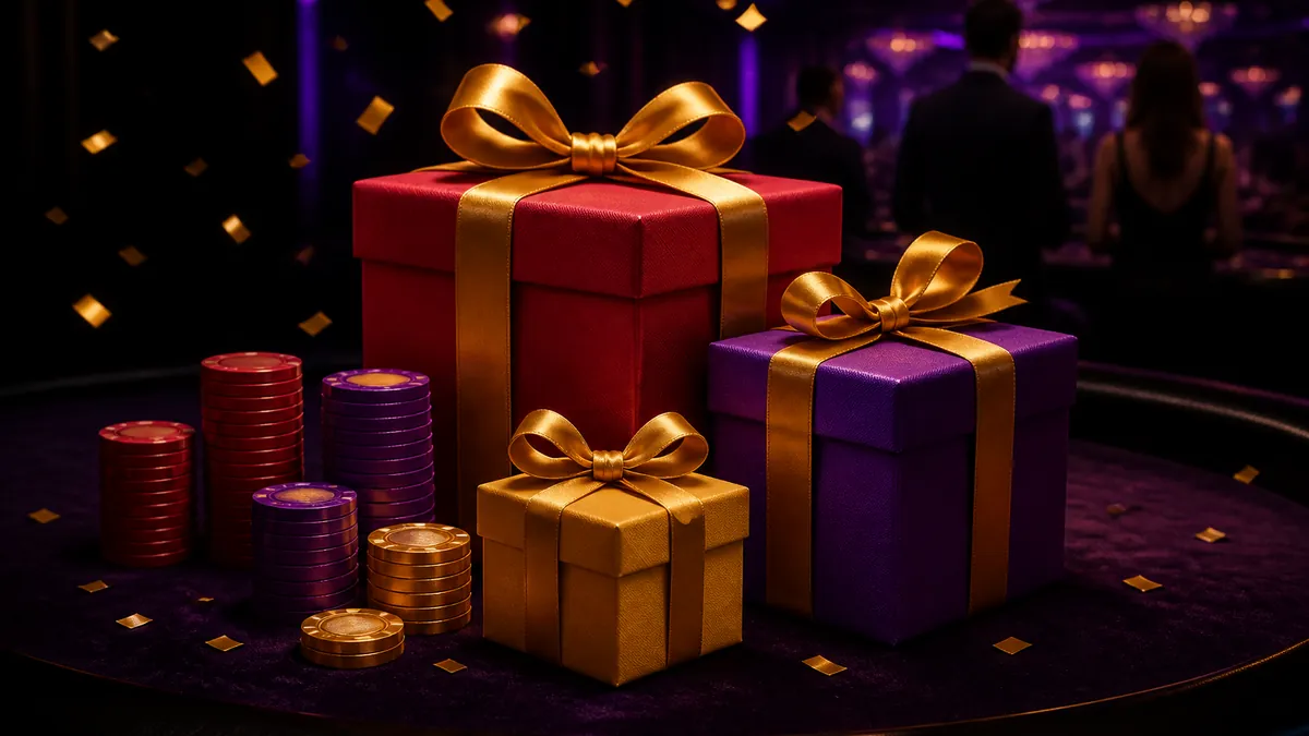 Trois coffrets cadeaux rouge, violet et or sur une table de casino
