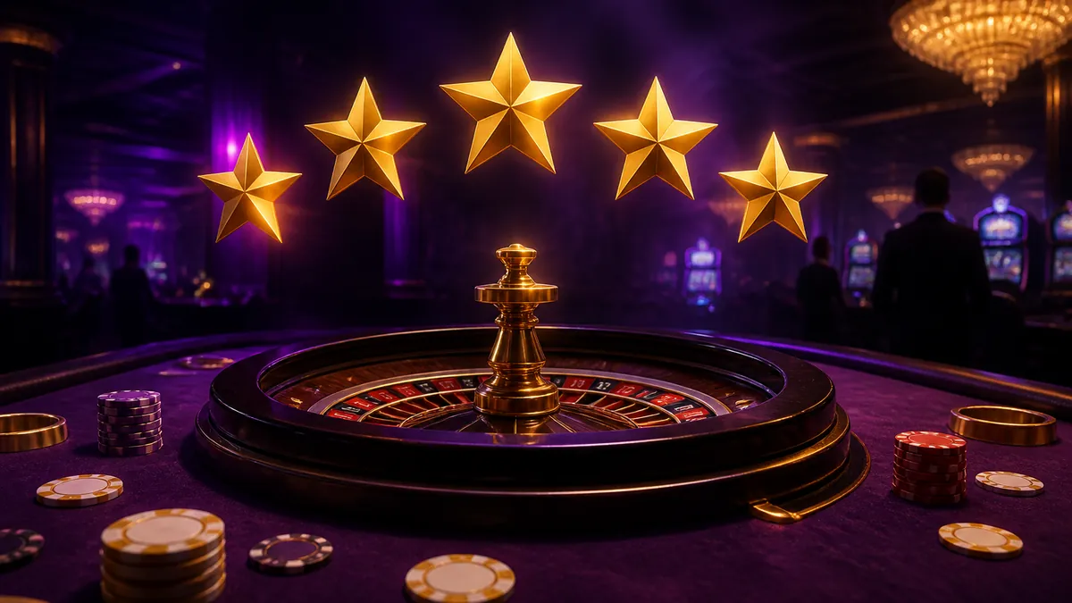 Cinq étoiles dorées au-dessus d'une roulette dans une salle de casino violette