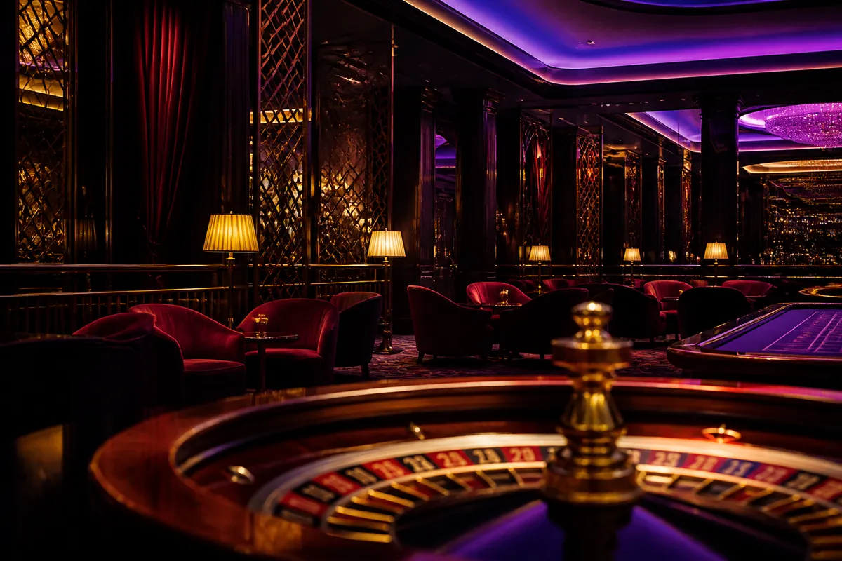 Salon de casino feutré éclairé de violet et de rouge, roulette au premier plan