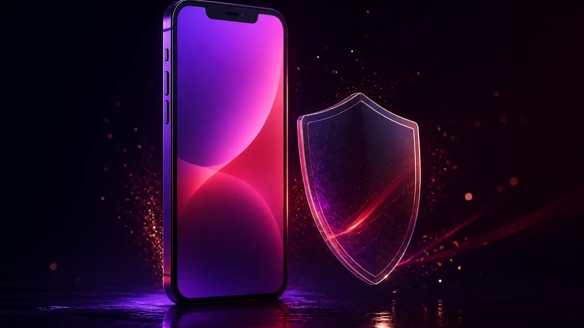 Smartphone lumineux violet et rouge à côté d'un bouclier translucide