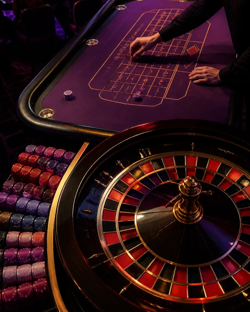 Table de roulette en direct vue du dessus, tapis violet et croupier de dos