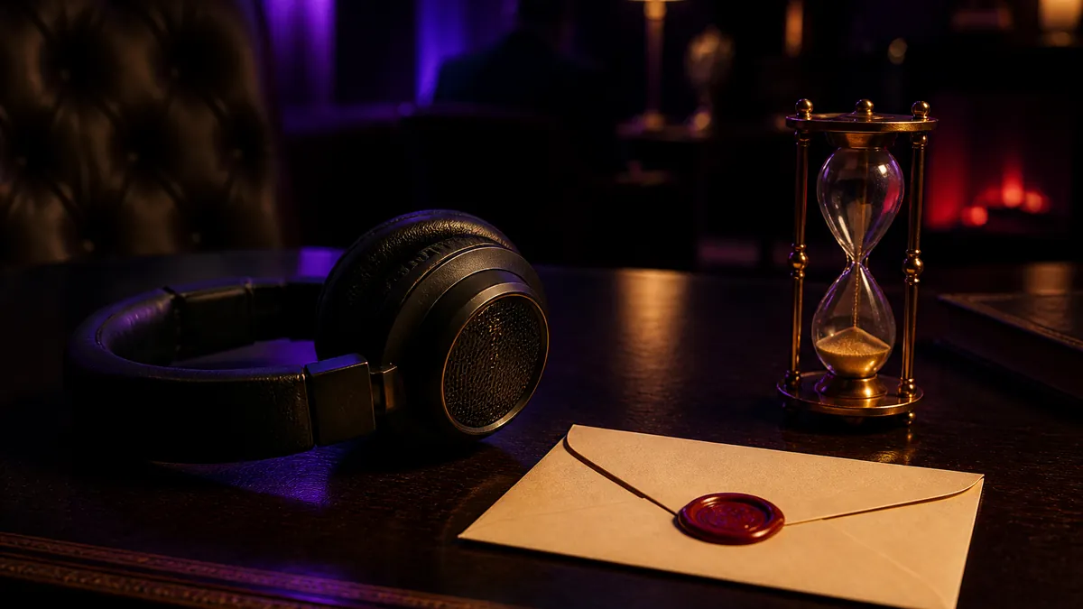 Casque, enveloppe scellée de cire rouge et sablier sur un bureau sombre