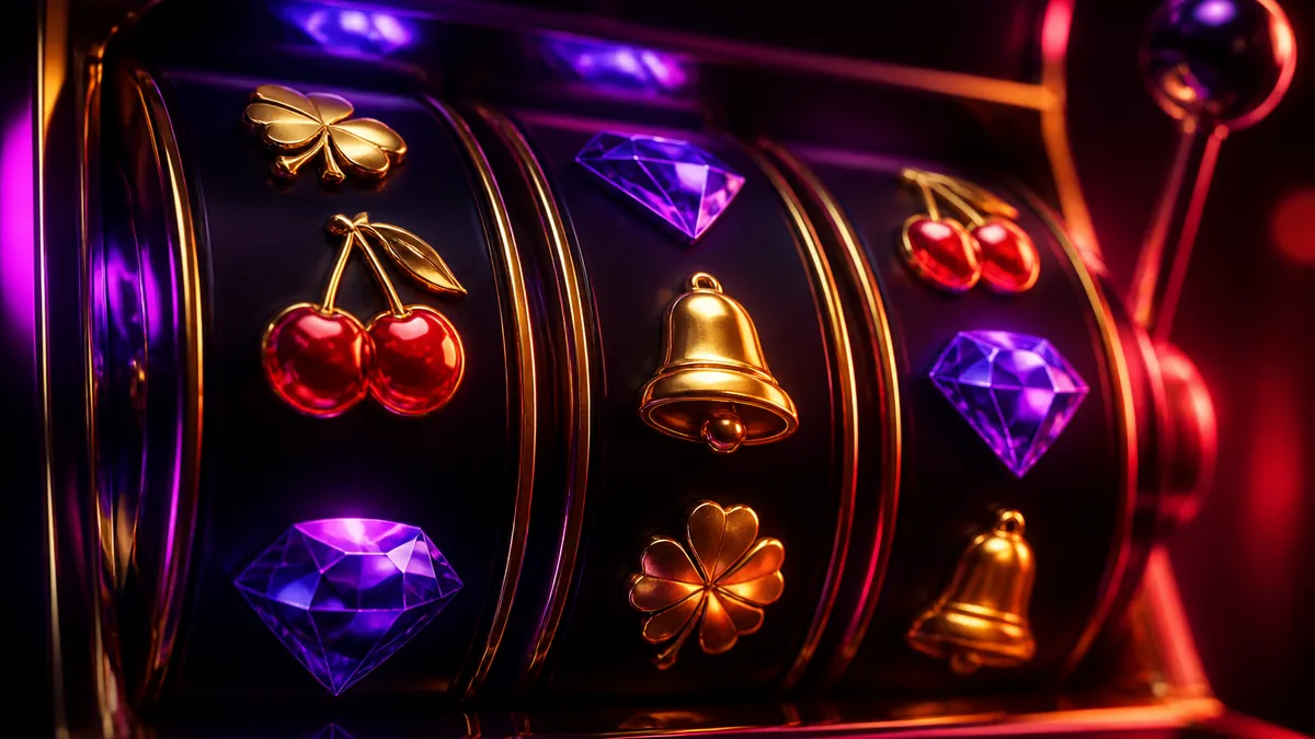 Rouleaux de machine à sous lumineux avec cerises, cloches, trèfles et diamants